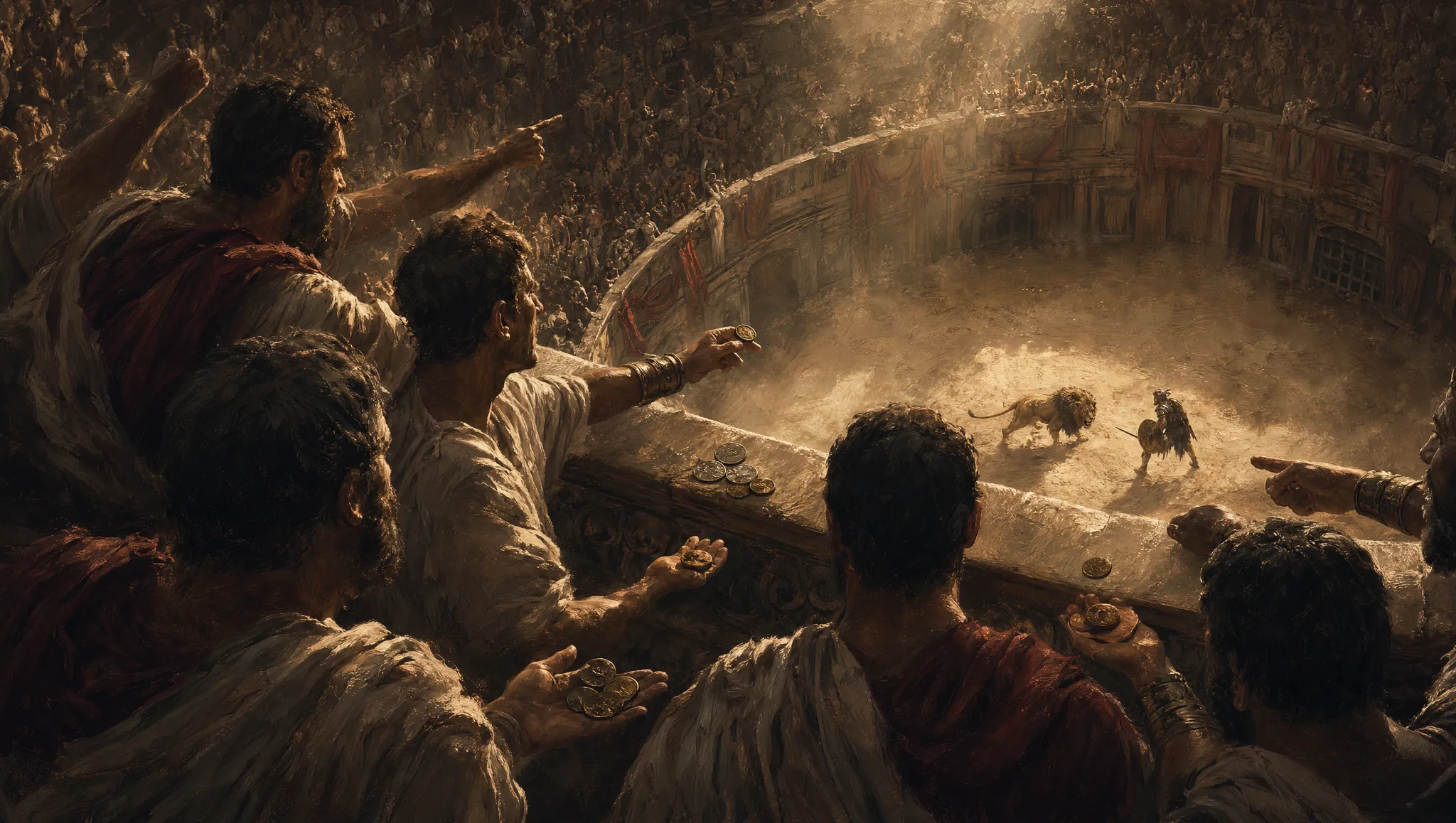 Spectators pass tokens over a stone rail as the fight below turns