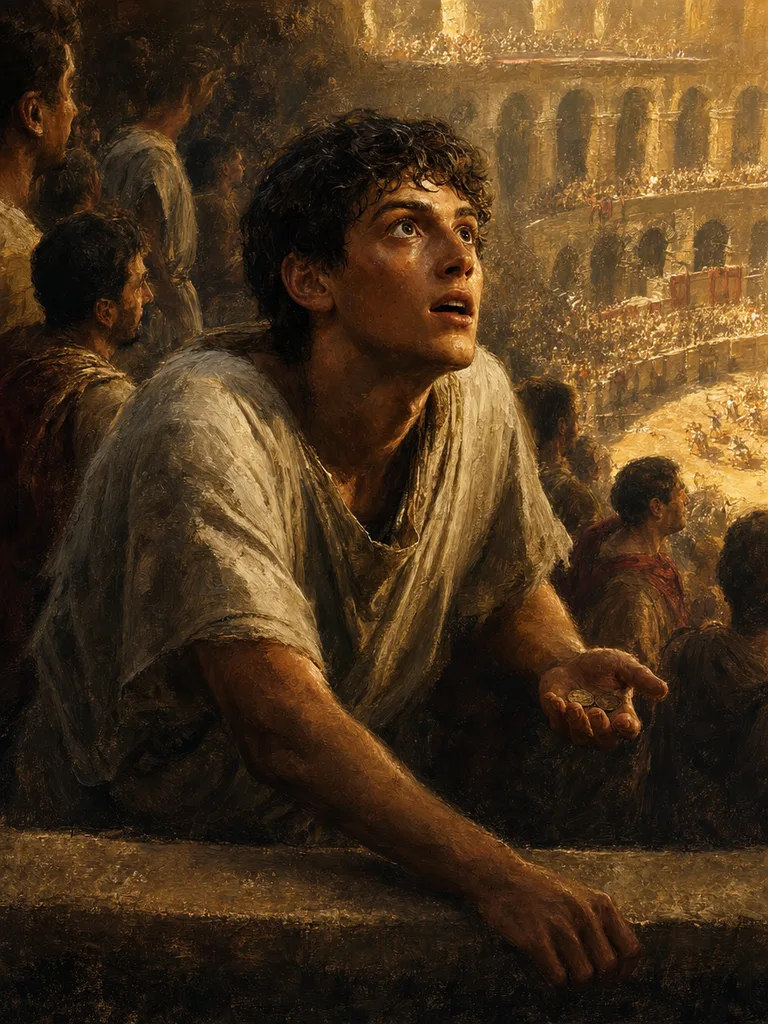 A Roman citizen in a plain tunic watching from the stands