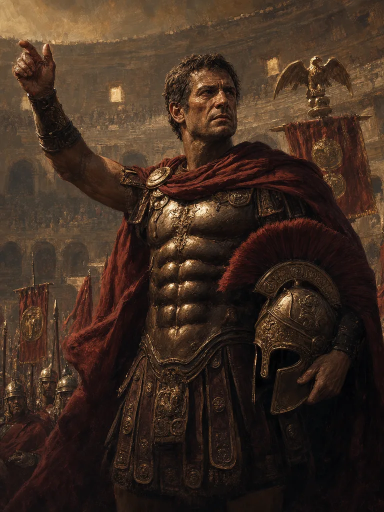 A Roman commander in armour and crimson cloak before the legions